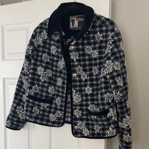Women's Navy and White Floral Plaid Jacket